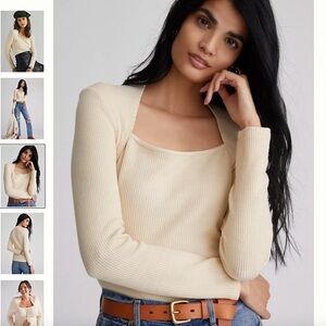 Anthropologie Women’s Ivory Ribbed Knit Top Sweater